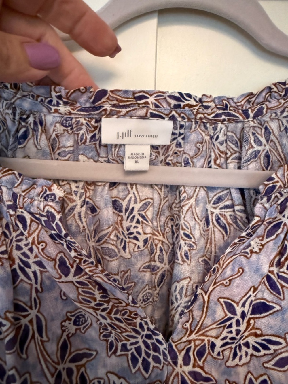 J. Jill Love Linen Lightweight Floral Peasant Top- Blue & Brown, XL - Picture 3 of 8